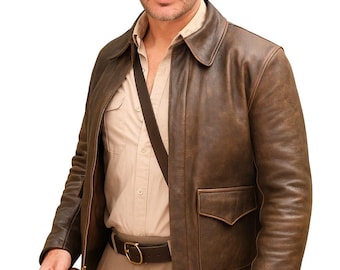 Herren Jäger des verlorenen Schatzes Indiana Harrison Jones Vintage Brown Bomber Lederjacke Echtes Rindsleder Lederjacke