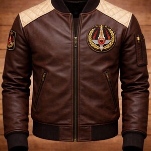 Brown Leather-Look Bomber Jacket, Embroidered Patches, Aviation Style, Military Inspired outerwear