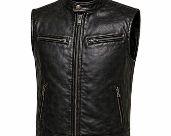 Zwart leren herenvest, mouwloos jack in bikerstijl, vintage motorvest, ritssluiting, opstaande kraag, vrijetijdskleding