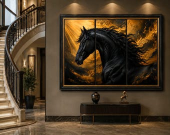 Black Gold Horse Wall Art 3 Piece Set | Digital Download | Equestrian Triptych Printable | Modern Horse Poster | Instant Download Print