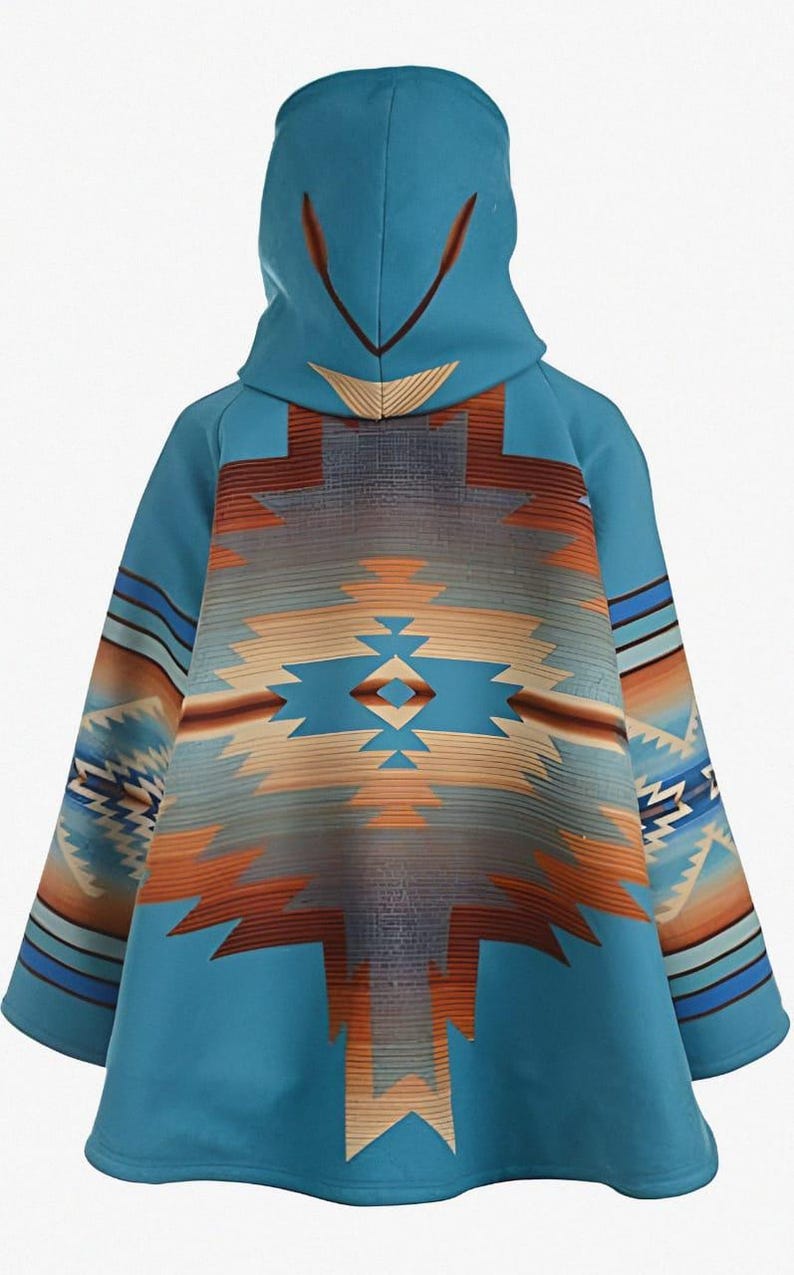 May include: A turquoise hooded poncho with a Southwestern-inspired geometric pattern in shades of orange, tan, and blue. The poncho features a hood with decorative accents and a flowing silhouette, suitable for cool weather.
