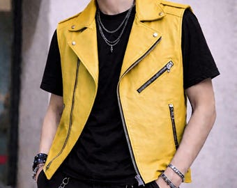 Men’s Yellow Biker Leather Vest Punk Rock Sleeveless Jacket Streetwear Motorcycle Waistcoat Gothic Fashion Gift for Him