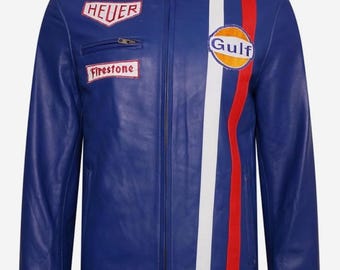 Herren Steve McQueen Jacke Le Mans Multi Farben Golf Streifen Racing Biker Lederjacke
