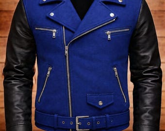 Blaue Bikerjacke mit schwarzen Lederärmeln, Herren Moto Jacke, handgefertigter stilvoller Wintermantel, Streetwear-Mode-Oberbekleidung