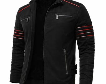 Schwarze Baumwoll-Bikerjacke mit roten Streifen, Herren-Moto-Jacke, Slim-Fit-Freizeitjacke, Streetwear-Mode-Oberbekleidung