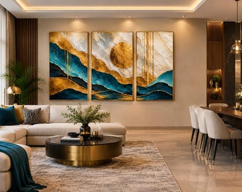 Abstract Triptych Wall Art Set, Teal Gold Canvas Art, Modern Luxury Digital Download, 3 Panel Printable Artwork