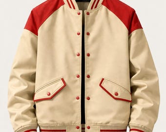 Beige Red Cotton Varsity Jacket for Men, Casual Streetwear Bomber Jacket, Stylish Lightweight College Jacket Gift for Him