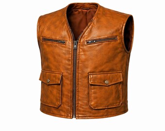Cognac leren herenvest, mouwloos vintage bikerjack, verweerd bruin motorvest, klassiek westerngilet