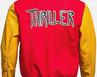 Thriller MJ Jacke - Michael Red Wolle Gelb Leder Varsity Letterman Jackson Bomberjacke