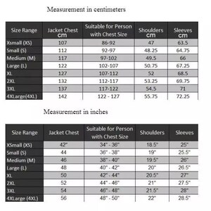 May include: A black and white chart with jacket measurements in inches and centimeters. The chart includes size ranges from XSmall to 4XLarge, with corresponding jacket chest, shoulder, and sleeve measurements.