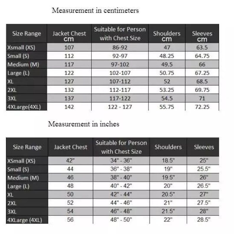 May include: A black and white chart with jacket measurements in inches and centimeters. The chart includes size ranges from XSmall to 4XLarge, with corresponding jacket chest, shoulder, and sleeve measurements.