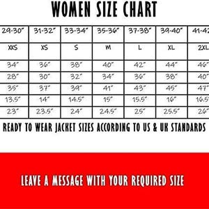 May include: A women's size chart with measurements in inches for body chest, jacket size, jacket bust, waist, hip, shoulder, and sleeves. The chart includes sizes from XXS to 3XL. Text at the bottom reads: "LEAVE A MESSAGE WITH YOUR REQUIRED SIZE."