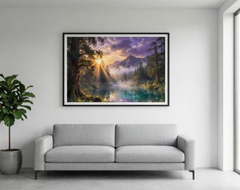 Misty Forest Wall Art, Mountain Lake Landscape Print, Digital Download, Enchanted Forest, Nature Wall Decor, Sunset Scenery, 24x16 Poster