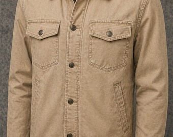 Bruin katoenen herenjack, casual werkkledingstijl, utilityjack met knopen, lichtgewicht canvas jas, alledaagse streetwear