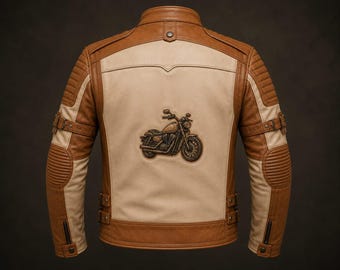 Beige Camel Brown Leather Biker Jacket, Men's Motorcycle Jacket, Cafe Racer Leather Coat, Vintage Rider Jacket, Gift for Him