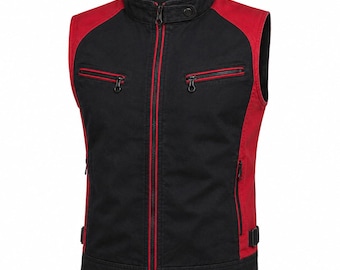 Mens Black Red Cotton Vest Biker Style Sleeveless Jacket Moto Vest Zip Up Streetwear Vest Casual Fashion Waistcoat