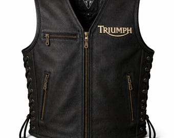 Men’s Triumph Black Leather Motorcycle Vest – Vintage Biker Riding Waistcoat with Side Lace Adjustable Fit
