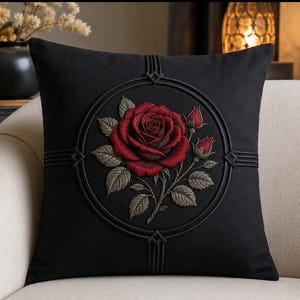 Black Cotton Cushion Cover with Red Rose Patchwork, Floral Throw Pillow Cover, Modern Decorative Sofa Cushion, Gift for Home Decor