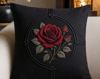 Black Cotton Cushion Cover with Red Rose Patchwork, Floral Throw Pillow Cover, Modern Decorative Sofa Cushion, Gift for Home Decor