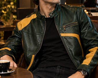 Dark Green Leather Jacket, Yellow Patchwork Moto Jacket, Men's Streetwear