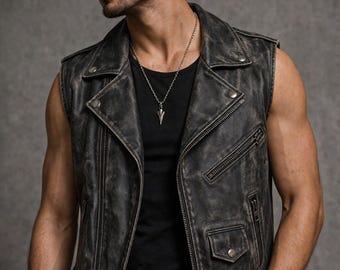 Men’s Charcoal Vintage Leather Vest Biker Sleeveless Jacket Gothic Punk Streetwear Motorcycle Waistcoat Gift for Him