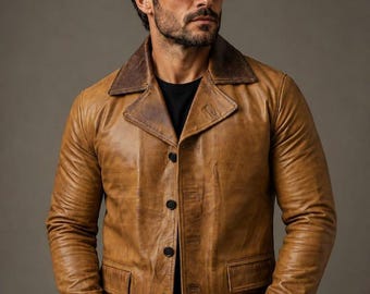 Men's Distressed Tan Leather Jacket, Vintage Brown Real Leather Coat, Classic Button Front Jacket, Western Style Gift for Men