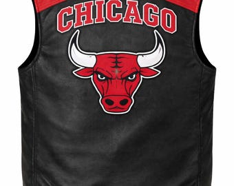 Herren Chicago Bulls Leder Varsity Weste Jacke, Schwarz Rot Letterman Basketball Style