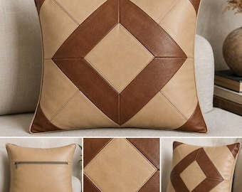Beige Brown Leather Cushion Cover, Geometric Patchwork Pillow Cover, Modern Throw Pillow, Handmade Square Decorative Cushion Cover