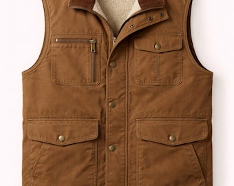 Men’s Brown Canvas Vest with Sherpa Lining, Utility Workwear Vest, Corduroy Collar Jacket, Vintage Style Outdoor Waistcoat