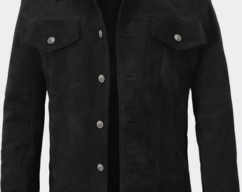 Herren Trucker Wildlederjacke - Western Style Cowboy Colehauser Lederjacke Schwarz