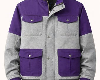 Grey and Purple Color Block Cotton Jacket, Utility Field Jacket, Streetwear Coat, Unisex Outdoor Jacket, Multi Pocket Style