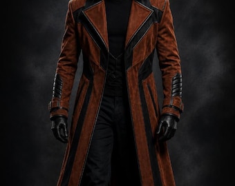 Men's Brown Suede Leather Trench Coat, Long Vintage Style Leather Coat, Handmade Premium Suede Overcoat, Gothic Fashion Coat
