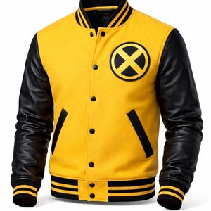 May include: Yellow and black varsity jacket with black leather sleeves. Features a black and yellow circular emblem on the chest and black stripes on the collar, cuffs, and hem. The jacket has a button-up front.