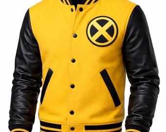 X-Men Gelb Schwarze Varsity Jacke, Wolljacke mit Lederärmeln, Superhelden Letterman Jacke, Comic Style Oberbekleidung