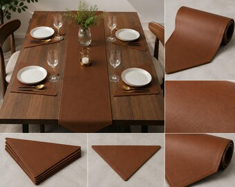 Brown Leather Table Runner Set with Triangular Placemats, Genuine Leather Dining Table Decor, Runner 72"×14", Placemat 16"×16"×16"