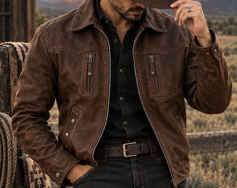Brown Cowhide Leather Jacket for Men, Western Cowboy Jacket, Distressed Zip Front Outerwear