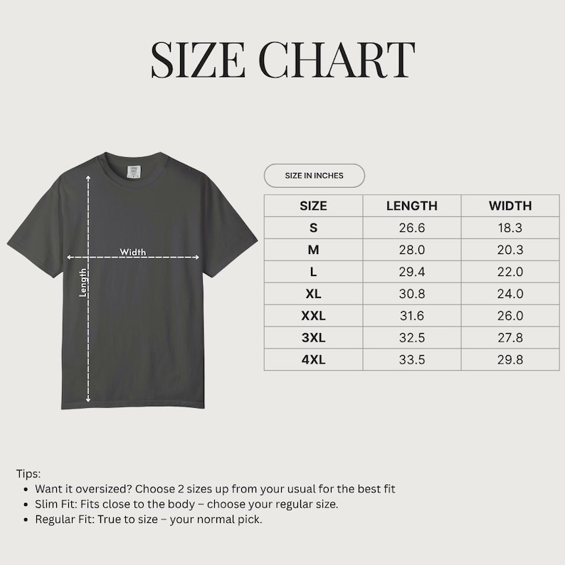 May include: A size chart for a dark gray t-shirt, with measurements in inches. The chart includes sizes S to 4XL, with corresponding length and width measurements. The text "SIZE CHART" is at the top.