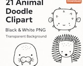 Cute Animal Doodle Clipart Bundle, Hand Drawn Line Art Animals, Black and White PNG, Kids Worksheet Printable