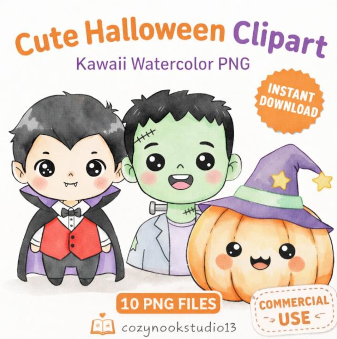 Cute Halloween Clipart Bundle Kawaii Watercolor PNG Ghost Pumpkin ...