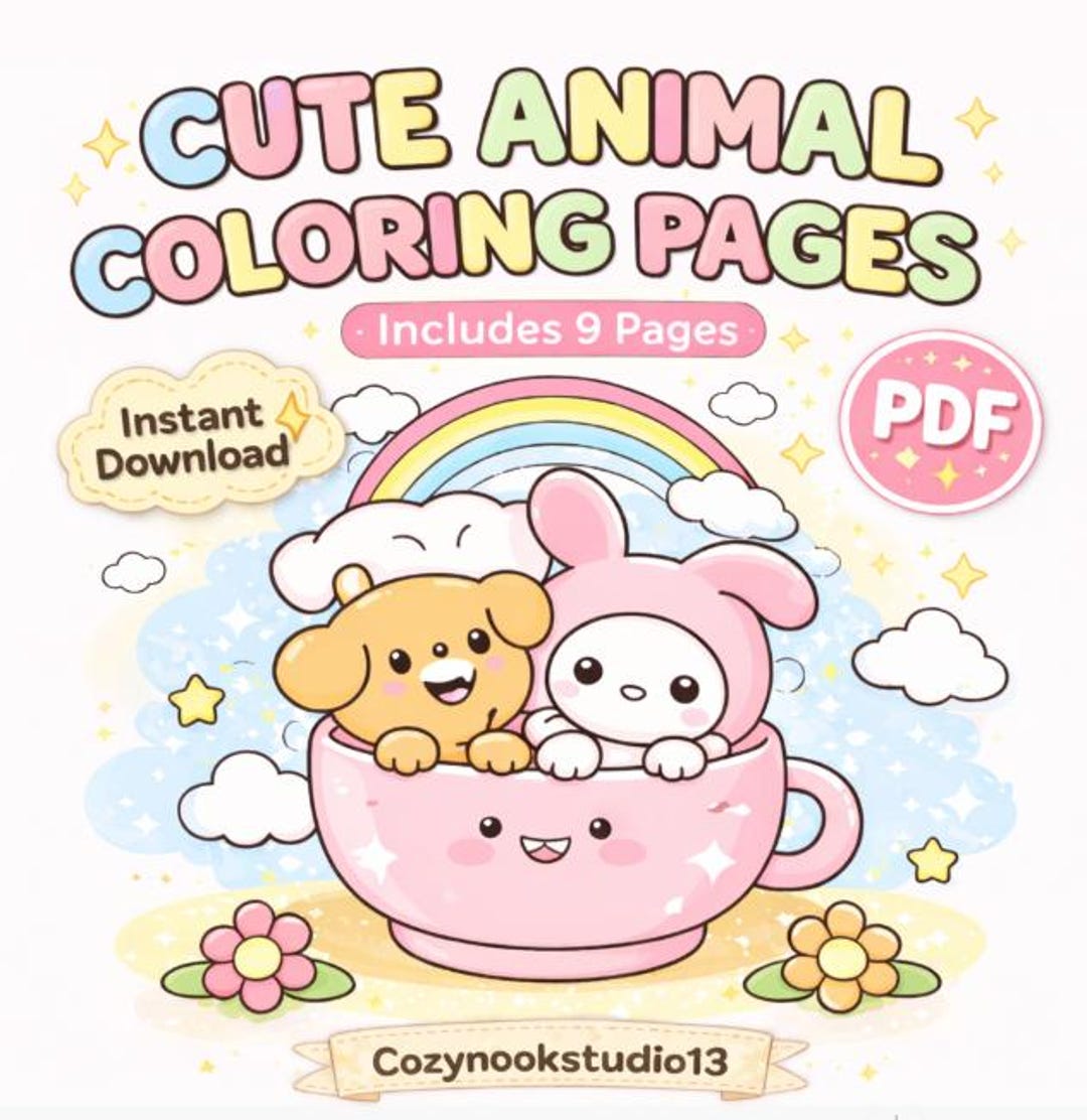 Cute Animal Coloring Pages for Kids – Kawaii Digital Coloring Book ...