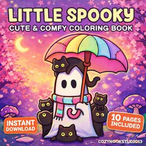 Può includere: Copertina di un libro da colorare "Little Spooky" con un simpatico personaggio fantasma che tiene un ombrello arcobaleno, circondato da gatti neri. Lo sfondo presenta un paesaggio rosa e viola con una luna crescente e fiori di ciliegio. Il testo include "Cute & Comfy Coloring Book", "Instant Download" e "10 Pages Included".