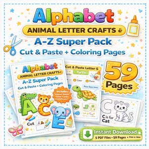 Può includere: Un pacchetto educativo colorato intitolato "Alphabet Animal Letter Crafts A-Z Super Pack". Il pacchetto include attività di ritaglio e incolla, pagine da colorare e giochi di abbinamento di animali. L'immagine mostra un mucchio di pagine con illustrazioni di animali e il testo "59 Pages".