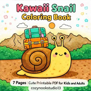 Può includere: Illustrazione di una lumaca gialla con due valigie. Il titolo è "Kawaii Snail Coloring Book" con il testo "7 Pages | Cute Printable PDF for Kids and Adults".