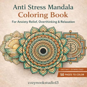Può includere: Copertina di un "Anti Stress Mandala Coloring Book" con intricati disegni mandala in verde acqua, arancione e giallo. Il libro promette sollievo dall'ansia e relax. Include "Download istantaneo" e "50 pagine da colorare".