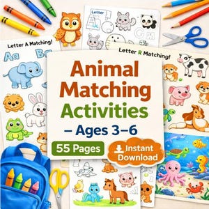 Preschool Animal Activities Pack – Alphabet, Farm & Sea Matching Worksheets – Montessori PDF Printable for Kids Ages 3–6