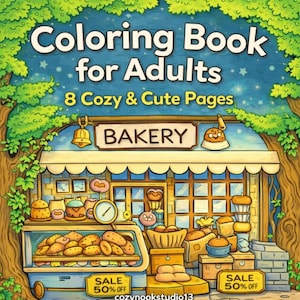 Può includere: Illustrazione colorata di una scena di panetteria da un libro da colorare per adulti. L'immagine presenta il testo "Coloring Book for Adults" e "8 Cozy & Cute Pages". La panetteria ha una vetrina con pane e pasticceria e un'insegna con la scritta "BAKERY". Ci sono anche cartelli "SALE 50% OFF".