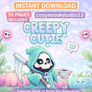 Könnte beinhalten: Ein digitales Malbuchcover mit dem Titel "Creepy Cutie" in Pastellfarben. Das Bild zeigt eine Cartoon-Sensenmann-Figur mit einer Sense, umgeben von Kürbissen und Blumen. Der Text enthält "Sofort-Download" und "10 Seiten enthalten".