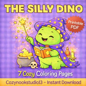 Può includere: Un download digitale con un dinosauro dei cartoni animati vestito da mago, che tiene in mano una bacchetta e un libro. L'immagine include il testo "The Silly Dino" e "7 Cozy Coloring Pages". È presente anche un badge "PDF stampabile".