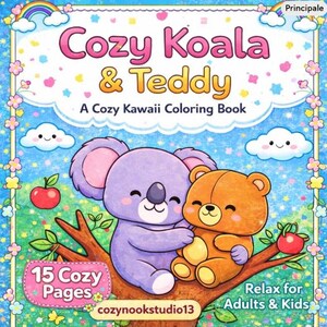 Cute Cozy Coloring Pages – Simple Relaxing Coloring Book, Cozy Kawaii Coloring Book Printable with Koala & Teddy, Instant Download