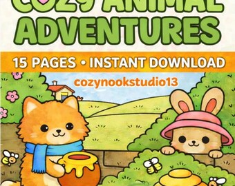Livro de colorir fofo e aconchegante em PDF para download digital – Páginas com animais para imprimir e colorir para crianças e adultos – Livro de arte terapêutica relaxante e kawaii